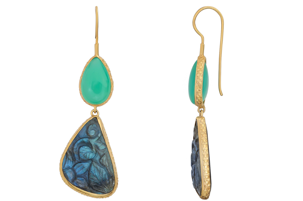 Carved Labradorite And Chrysoprase Double Drop Earrings