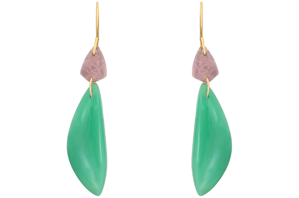 Chrysoprase And Carved Pink Tourmaline Earrings