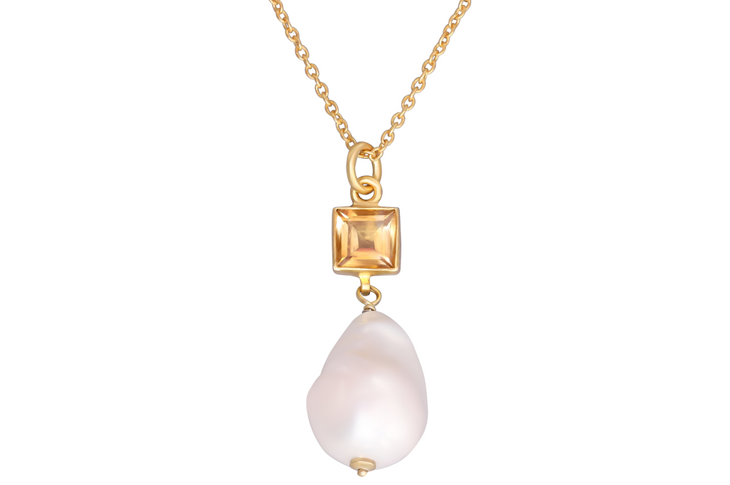 Citrine And Baroque Pearl Pendant Necklace