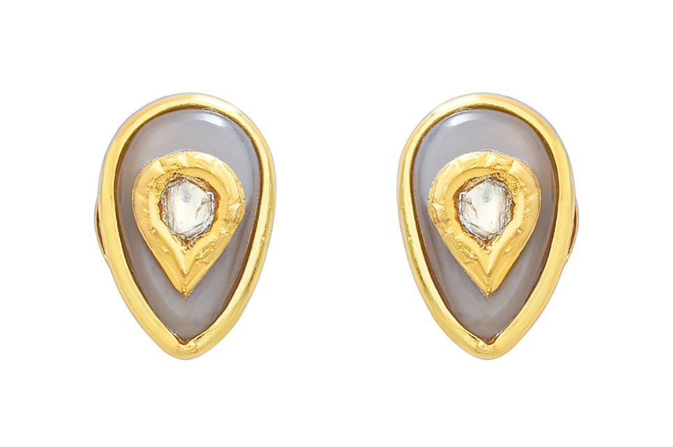 Chalcedony & Diamond Jadau Stud Earrings