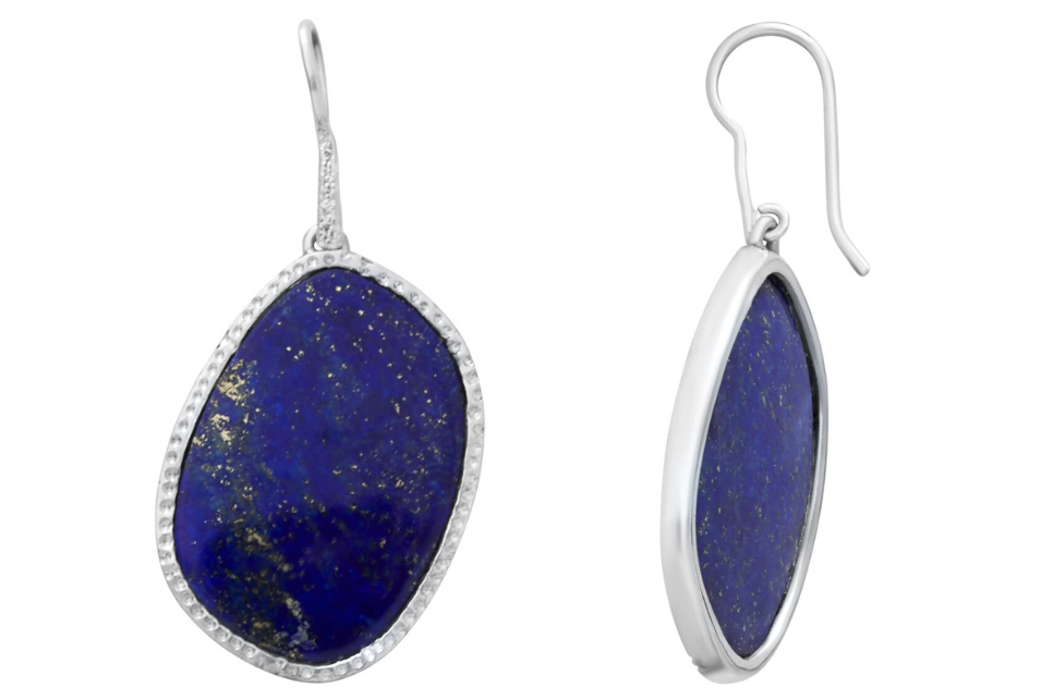 Lapis Lazuli Dotted Edge Silver Earrings