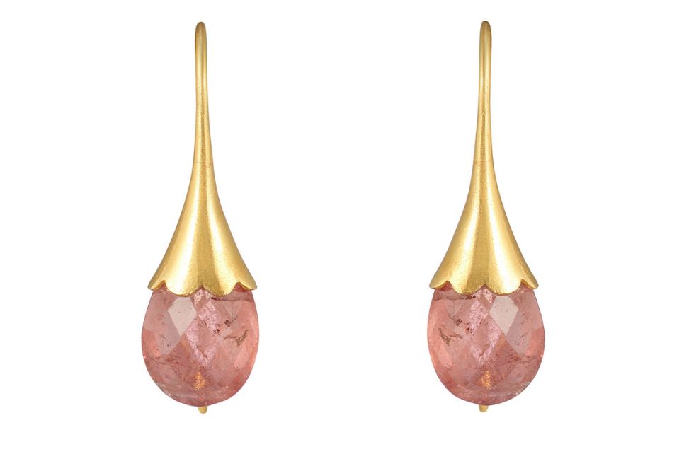 Pink Tourmaline Flower Bud Fine Gold Earrings