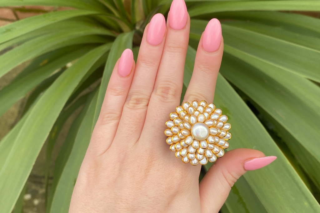Pearl Pachi Work Wood Ring