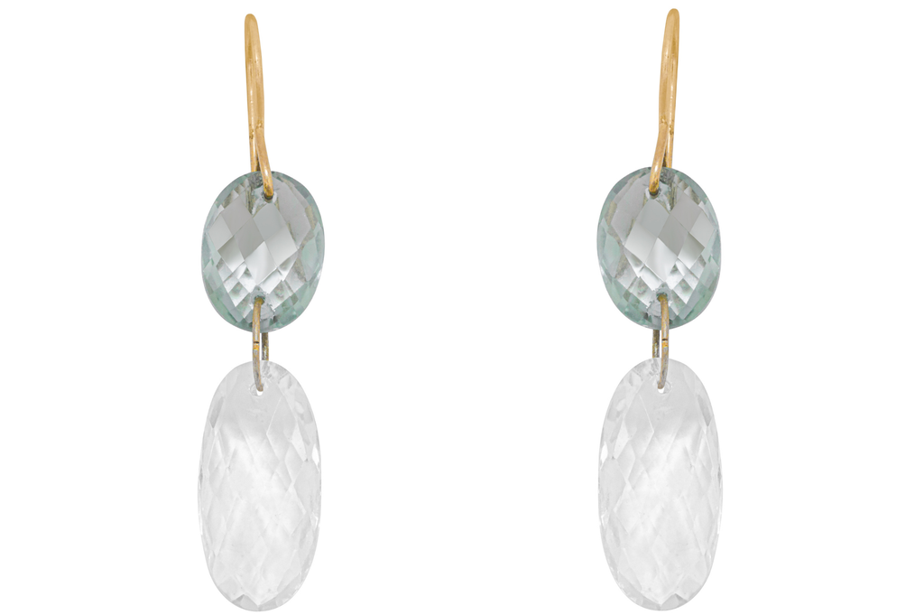Green Amethyst & Rock Crystal Drilled Double Drop Earrings