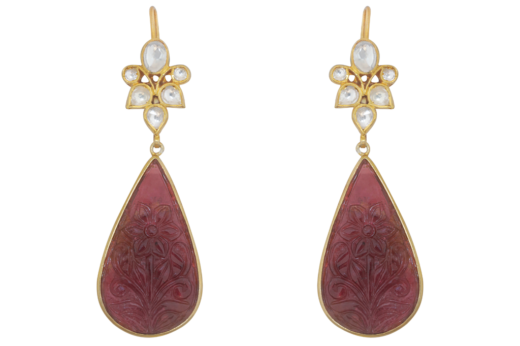 Anu Crystal & Carved Pink Tourmaline Drop Earrings