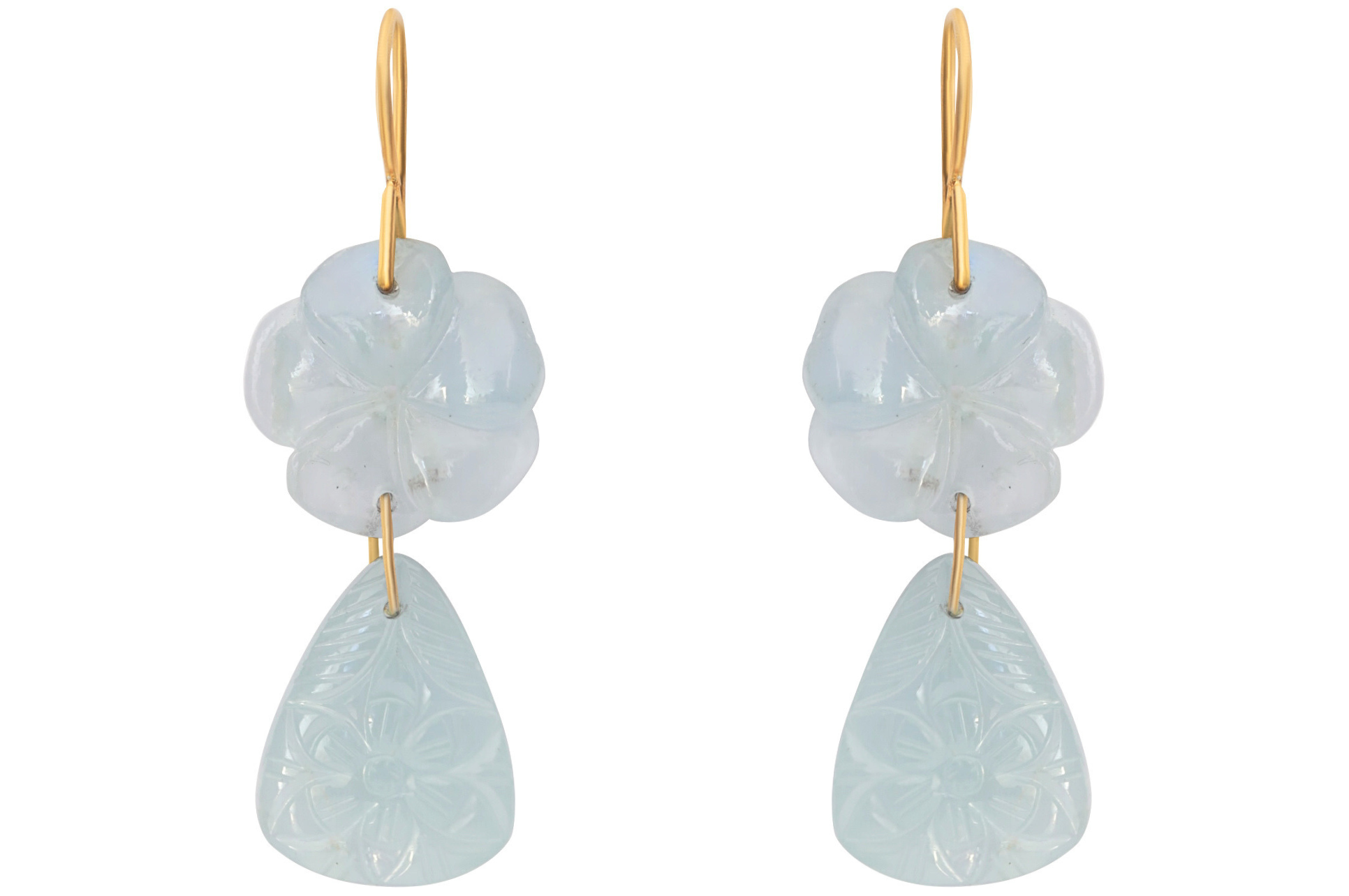 Aquamarine Carved Flower Double Drop Earrings