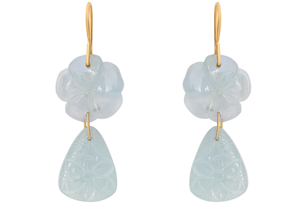 Aquamarine Carved Flower Double Drop Earrings