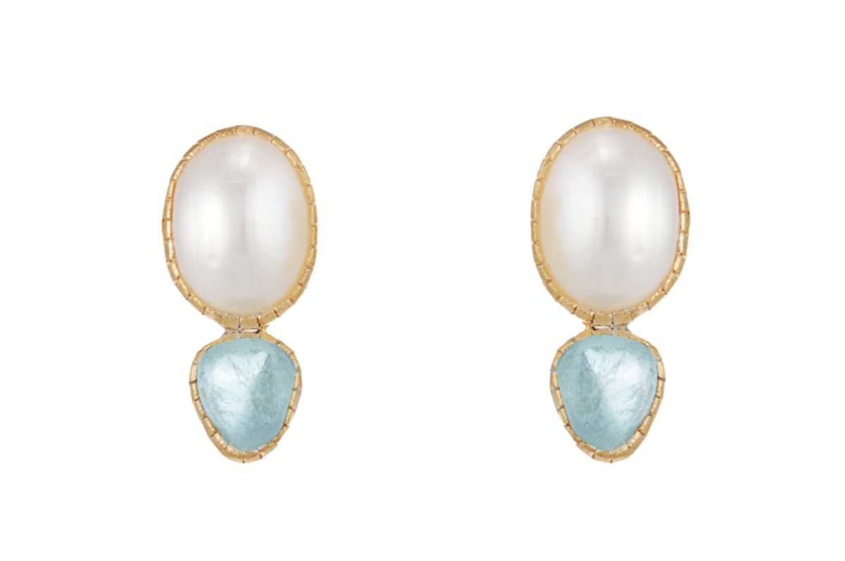 Pearl & Aquamarine Stud Earrings