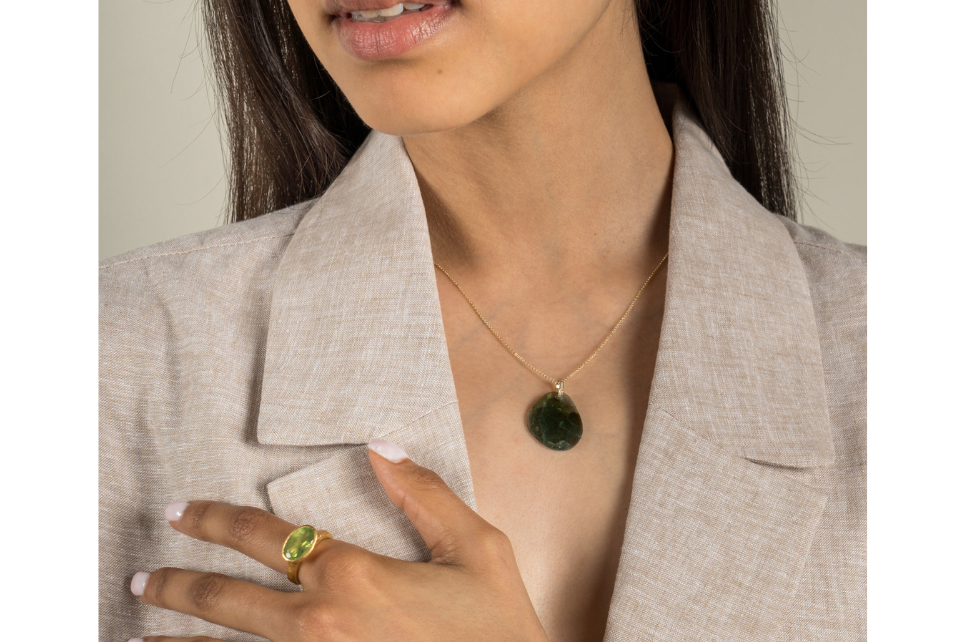 Bahia Green Tourmaline Slice & Diamond Pendant Necklace