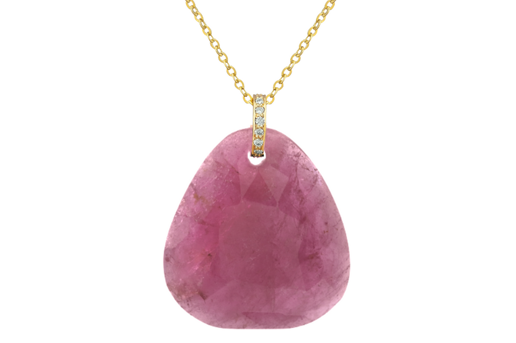 Fine Gold Bahia Pink Tourmaline Slice & Diamond Pendant Necklace