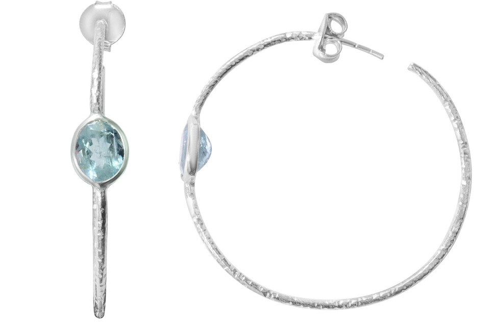 Blue Topaz Gem Set Silver Hoop Earrings