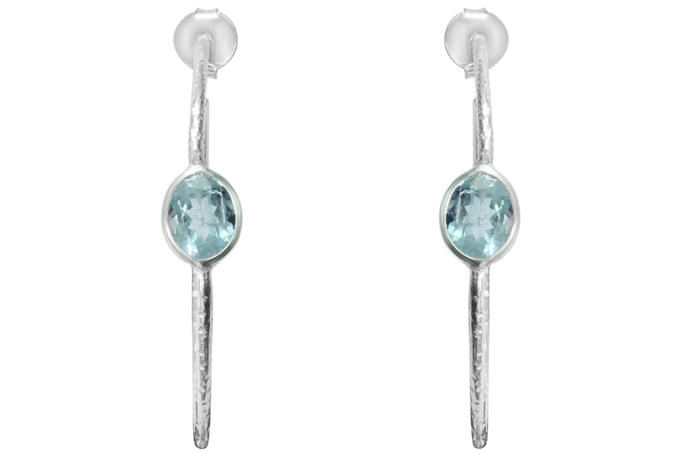 Blue Topaz Gem Set Silver Hoops