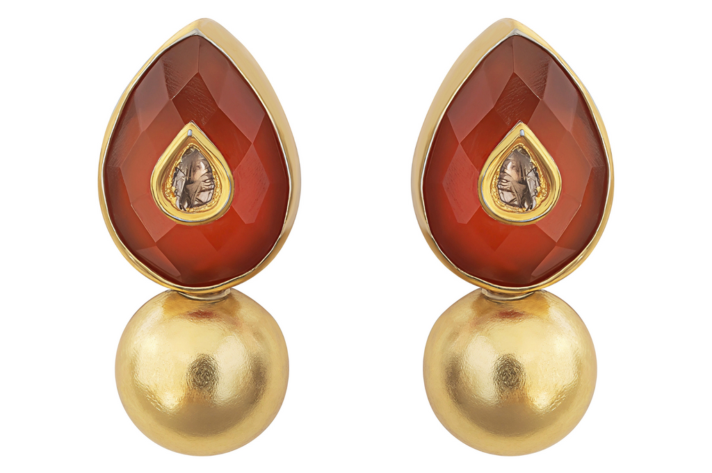 Carnelian & Diamond Jadau Work Golden Ball Earrings