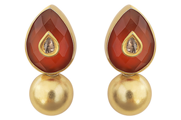 Carnelian & Diamond Jadau Work Golden Ball Earrings