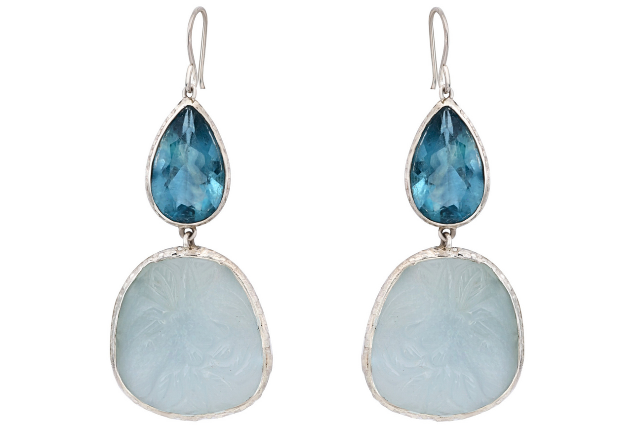 Carved Aquamarine And Faceted Flourite Double Drops