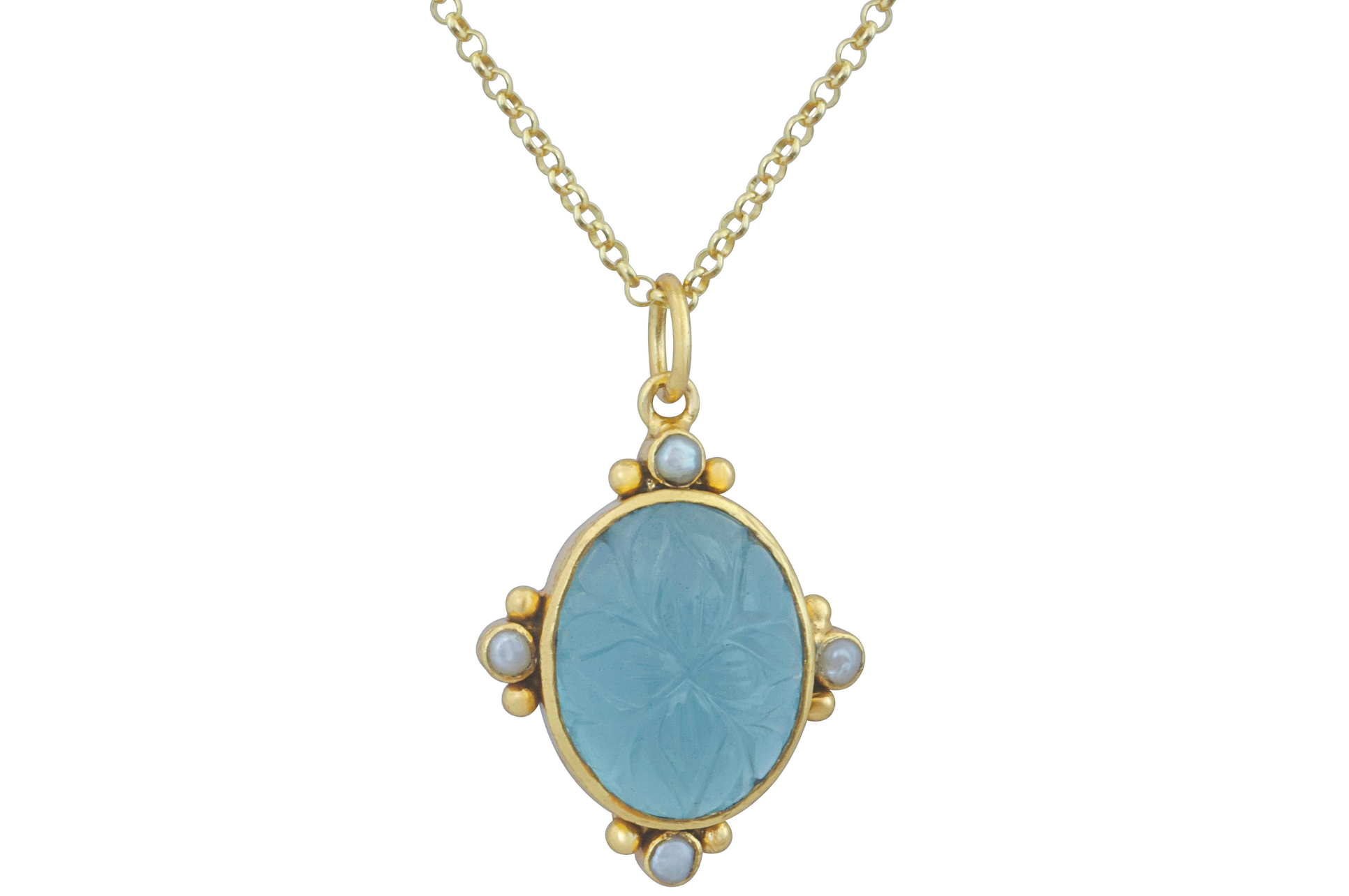 Hyderabad Carved Aquamarine & Pearl Pendant Necklace