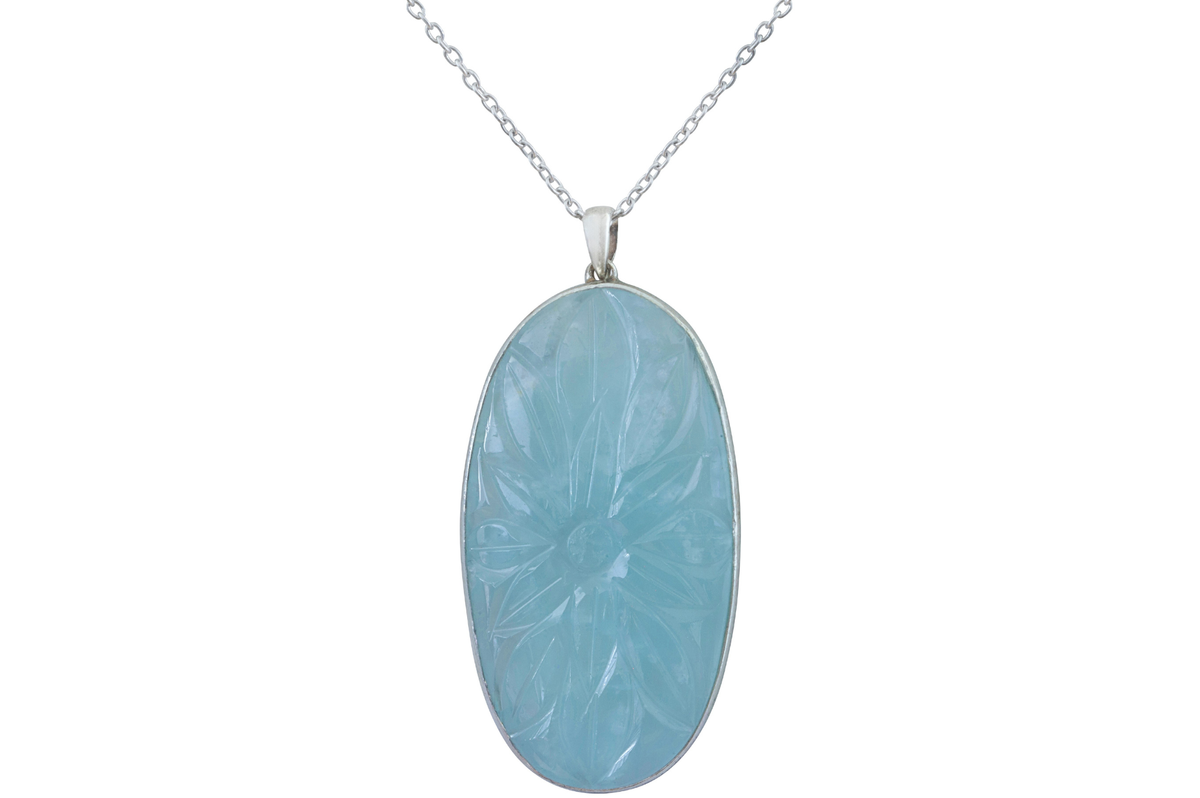 Sterling Silver & Carved Aquamarine Pendant Necklace