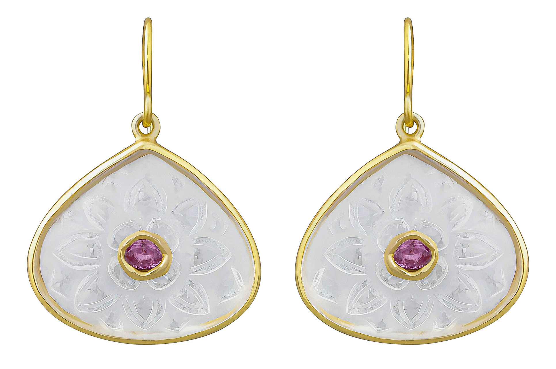 Carved Rock Crystal Earrings Inset With Pink Tourmaline