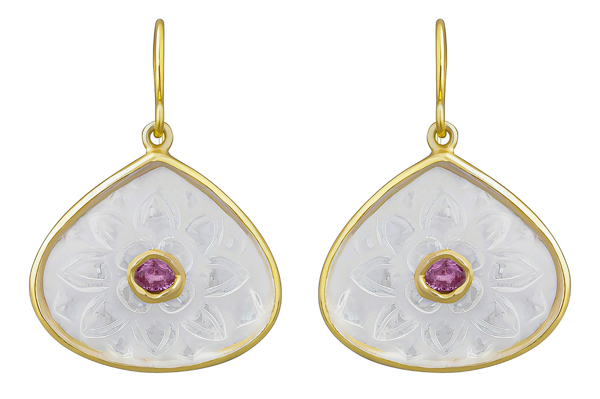 Carved Rock Crystal Earrings Inset With Pink Tourmaline