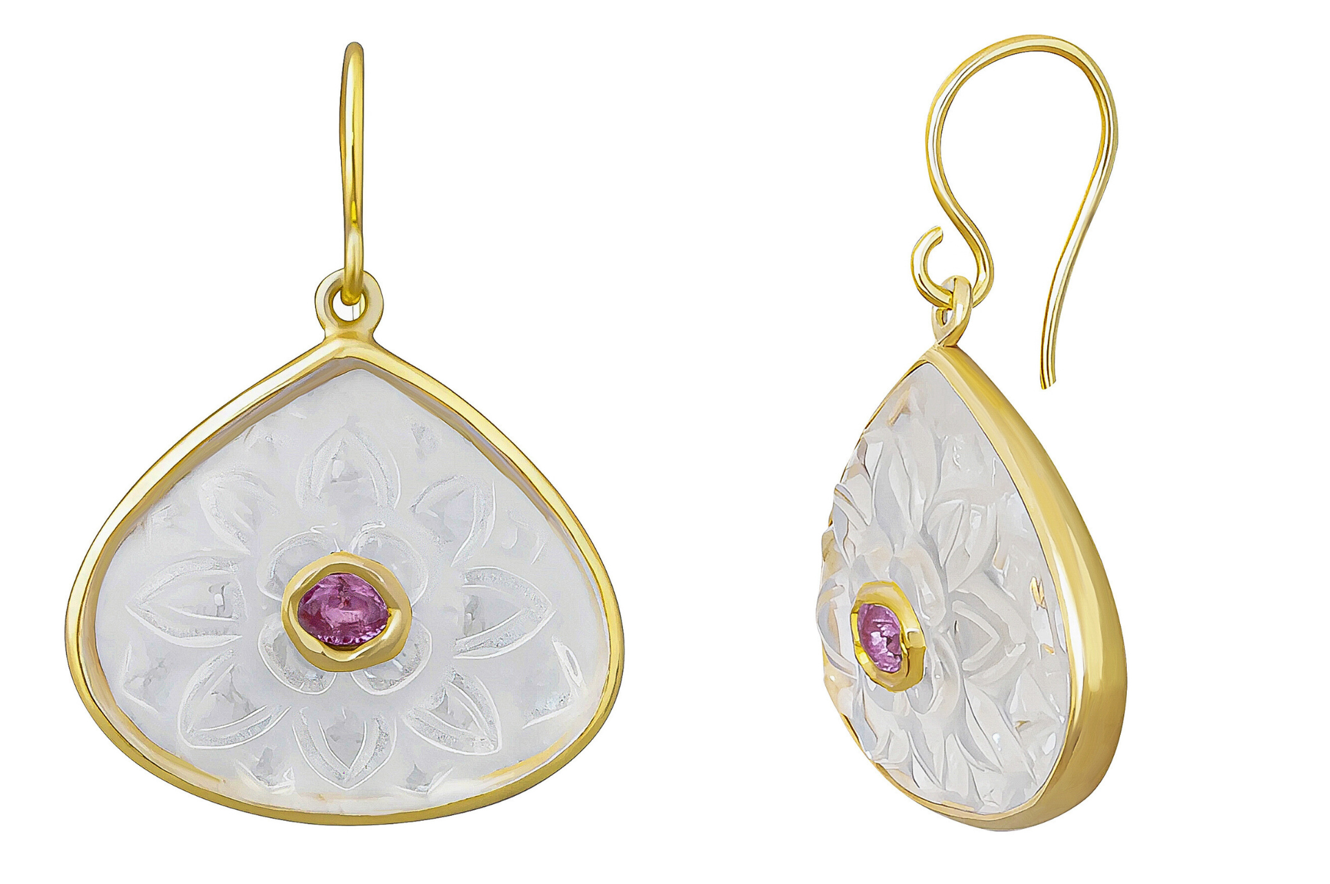 Carved Rock Crystal Earrings Inset With Pink Tourmaline