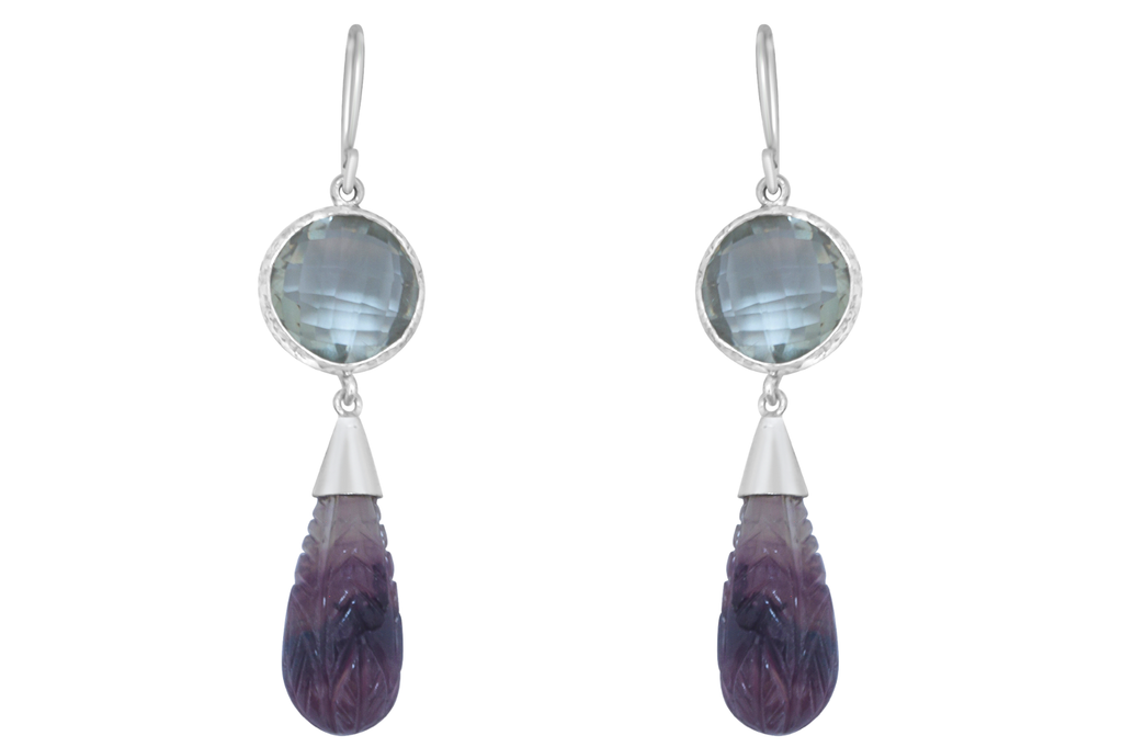 Faceted & Carved Fluorite Silver Drop Earrings