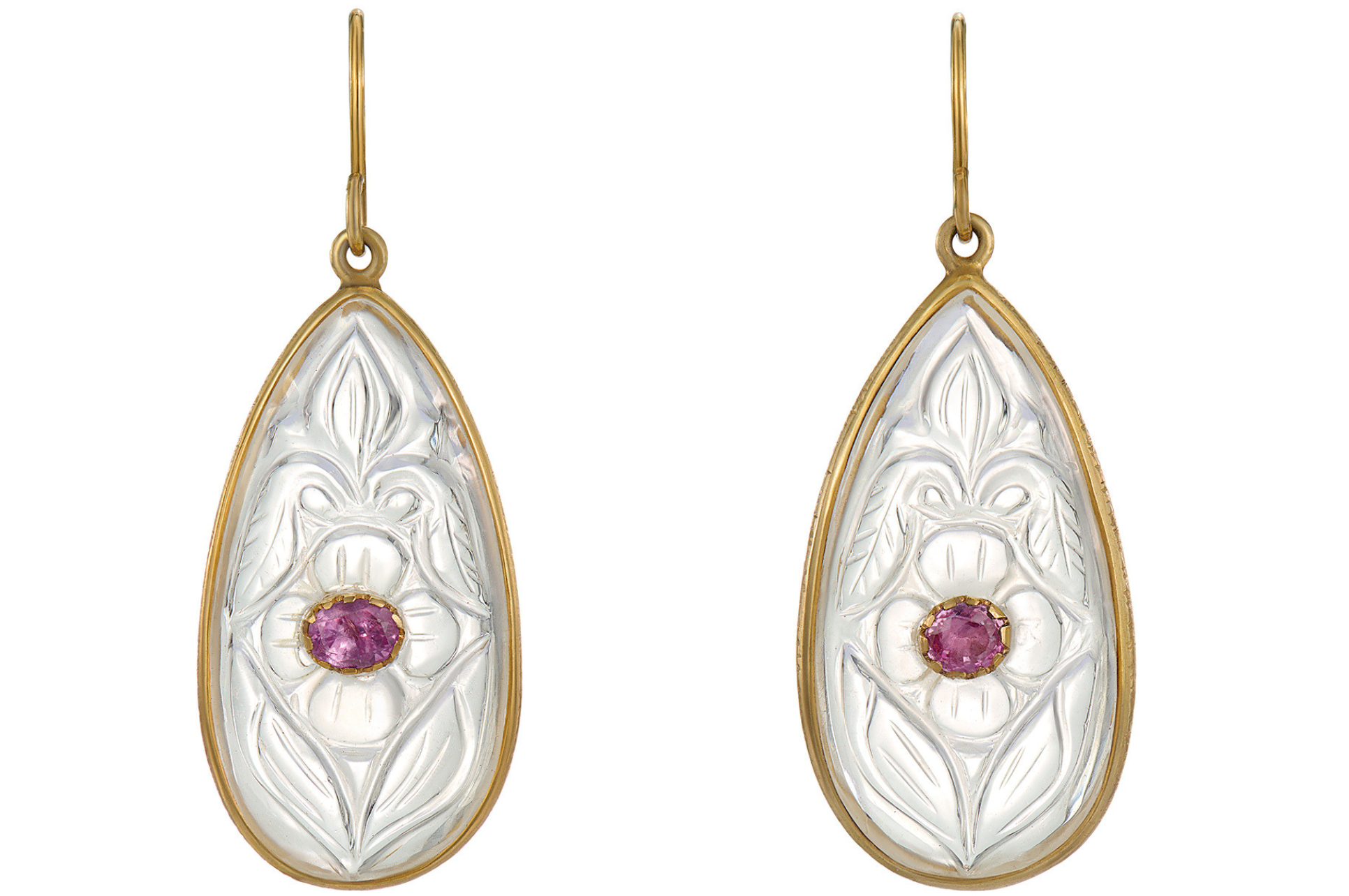 Carved Rock Crystal Earrings Inset With Pink Tourmaline