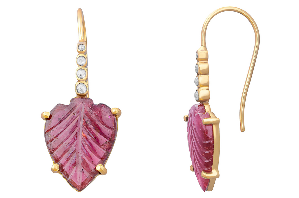 Carved Pink Tourmaline & Diamond Earrings
