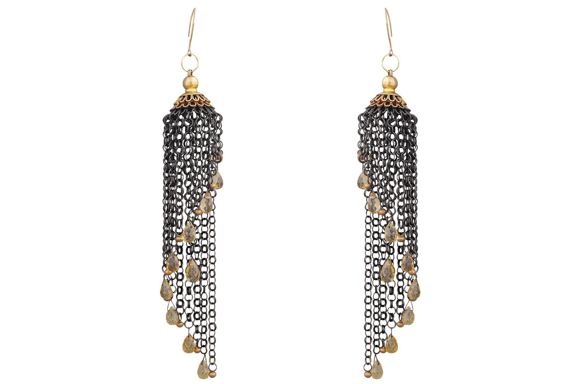 Oxidised Chain Earrings With Citrine Briolette Drops