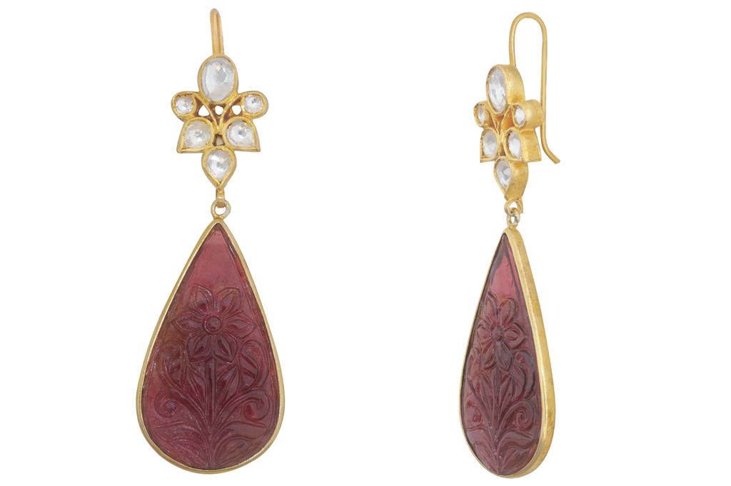 Anu Crystal & Carved Pink Tourmaline Drop Earrings