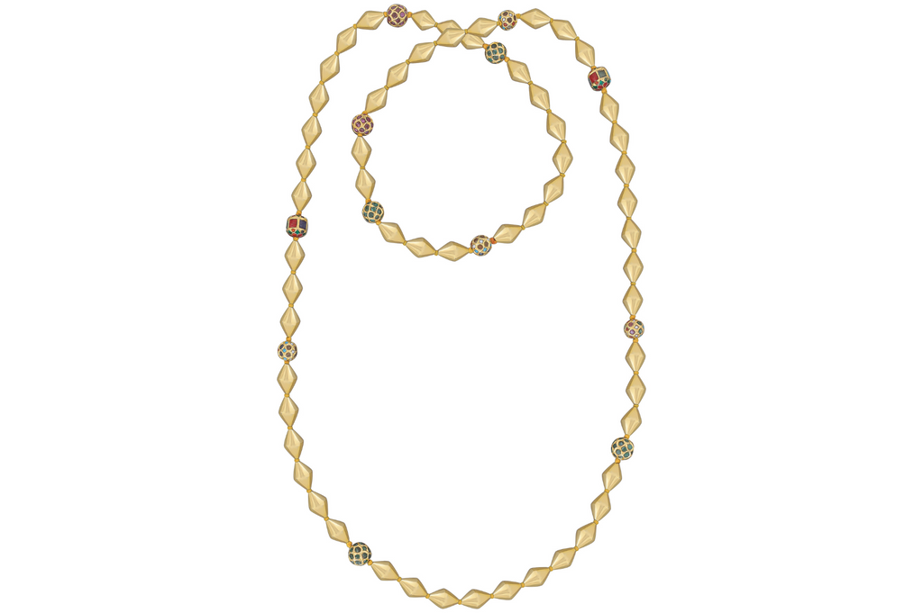 Long Gold & Jadau Bead Knotted Necklace