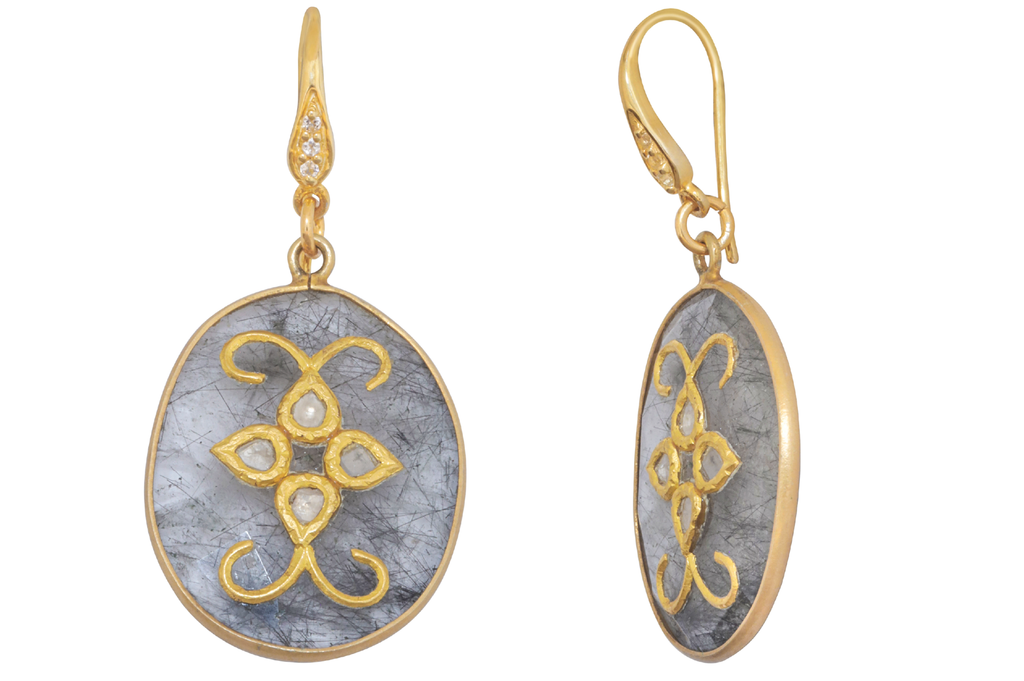 Rutilated Quartz & Diamond Jadau Earrings