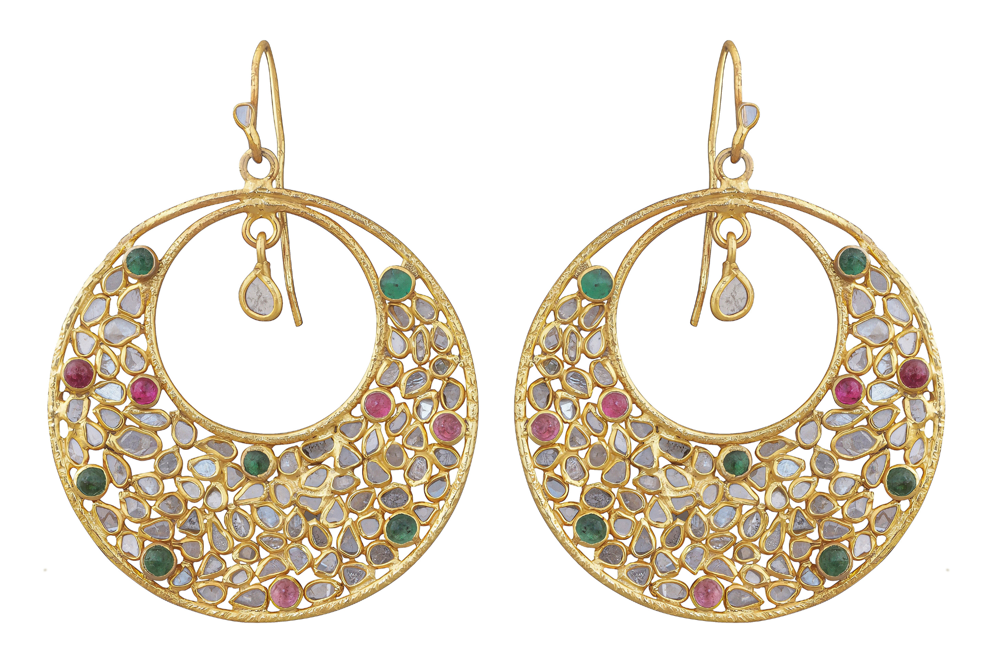 Dehli Diamond, Ruby & Emerald Half Moon Earrings