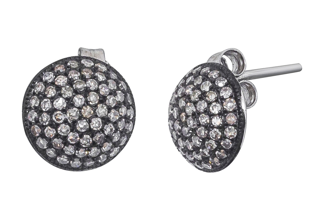 Oxidised Sterling Silver & Diamond Round Stud Earrings