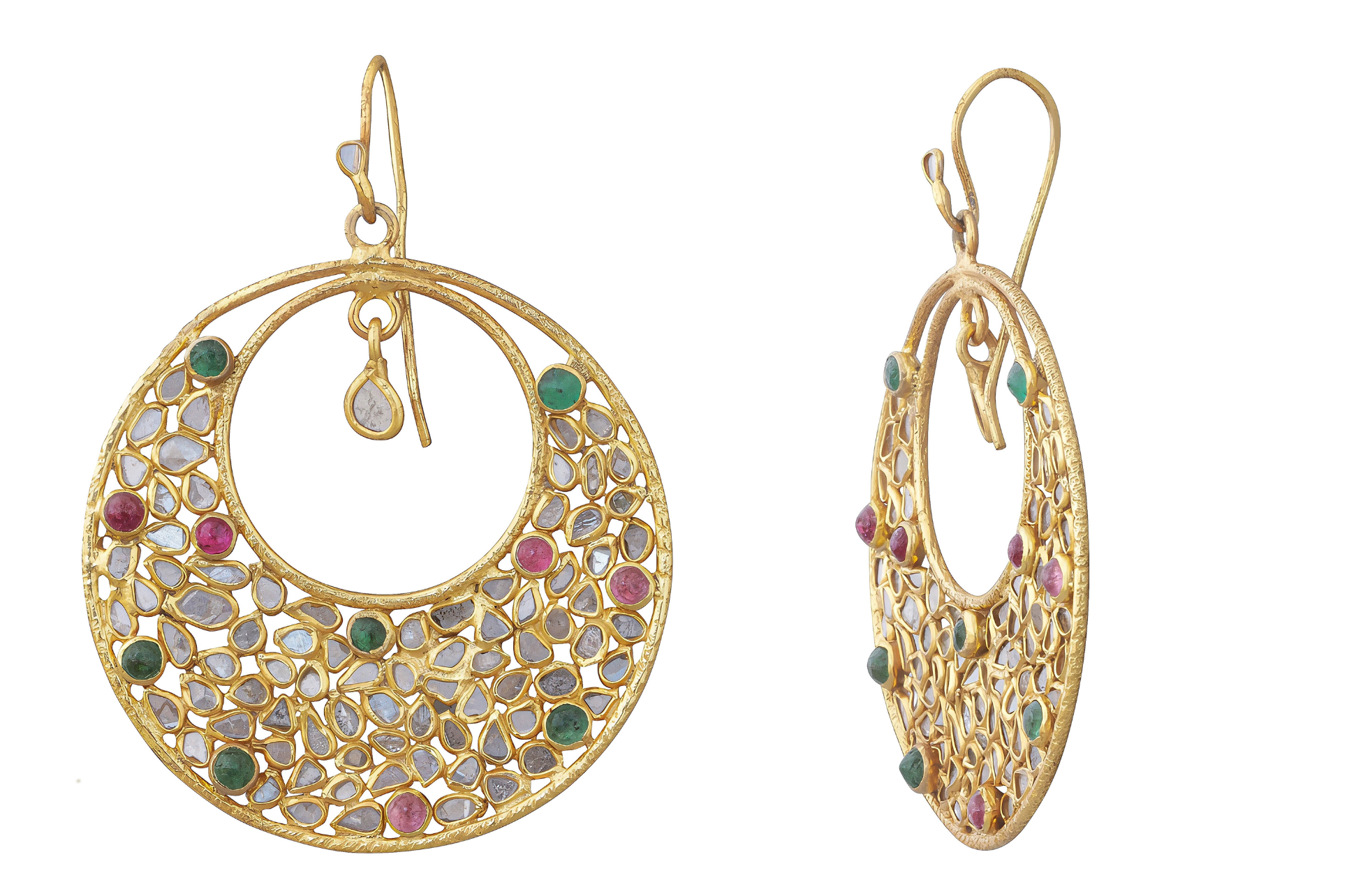 Dehli Diamond, Ruby & Emerald Half Moon Earrings