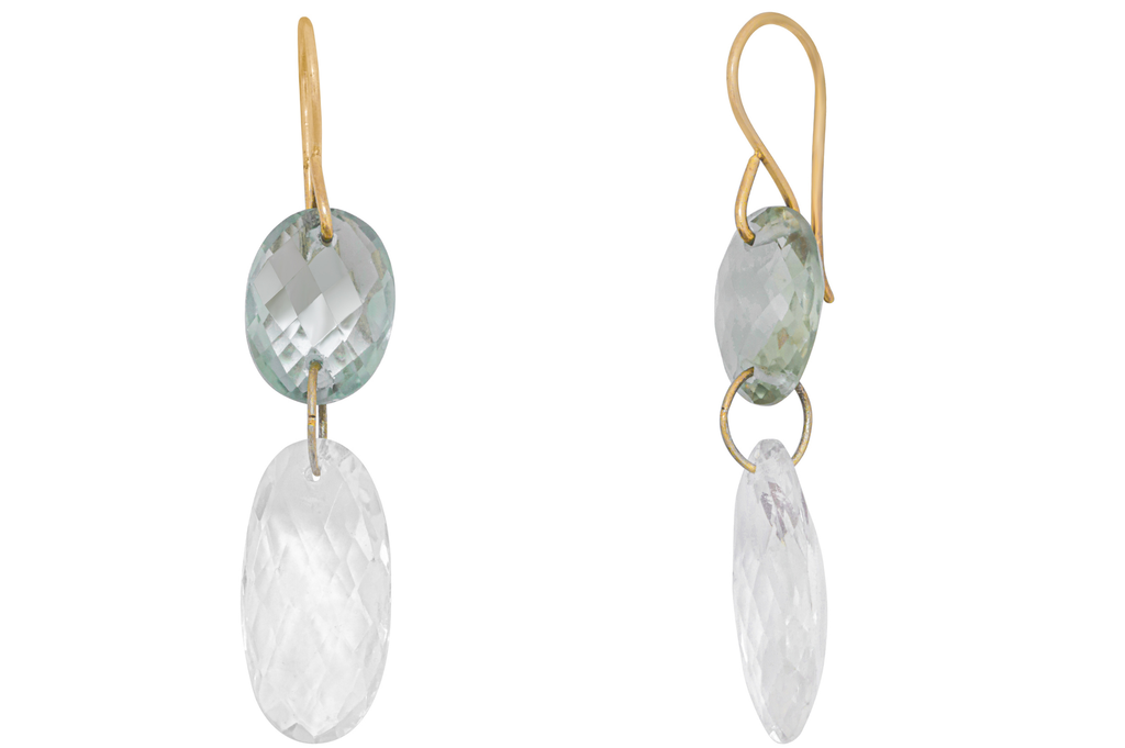 Green Amethyst & Rock Crystal Drilled Double Drop Earrings