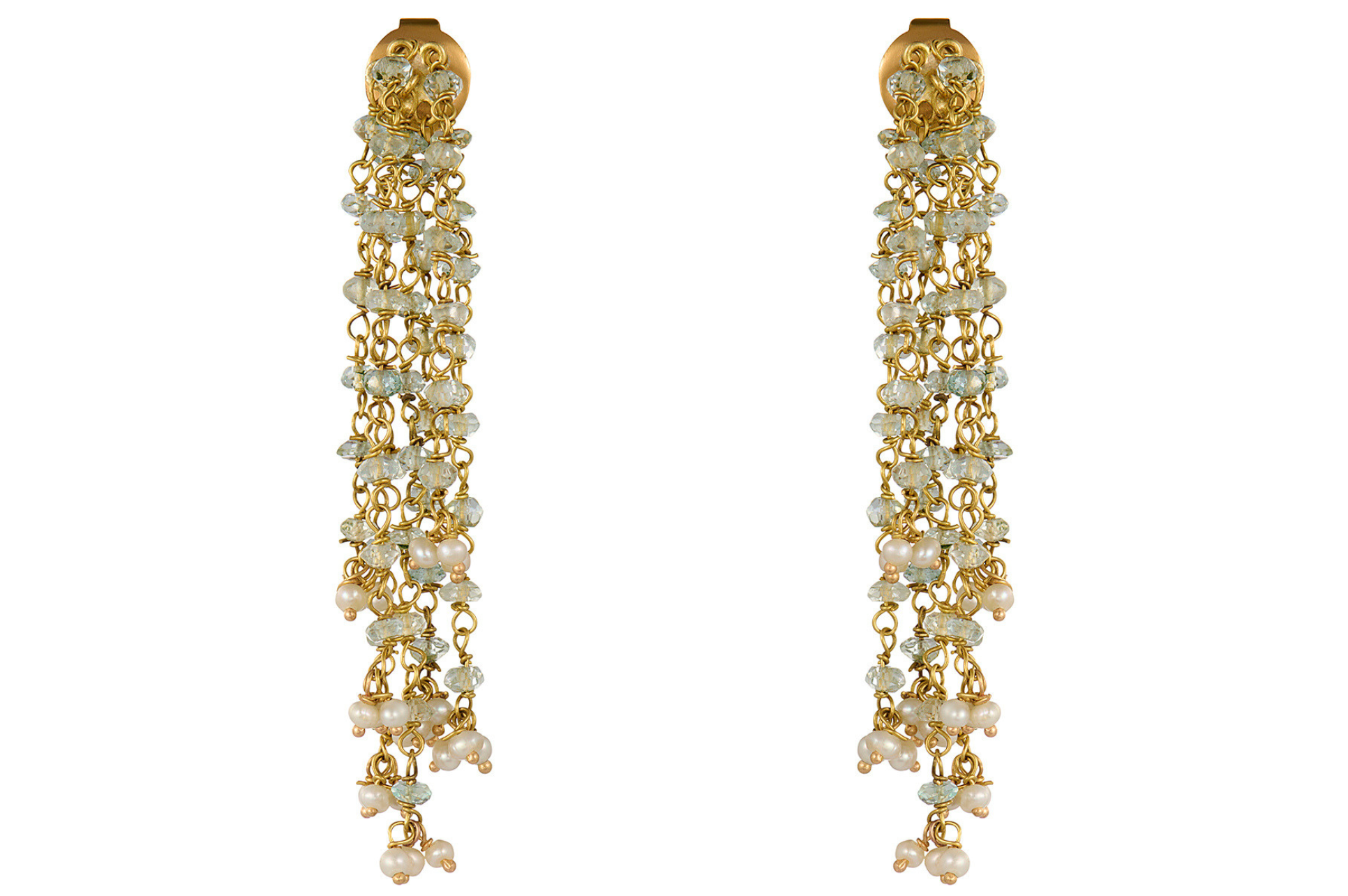 Fine Gold Waterfall Earrings With Aquamarine And Pearl