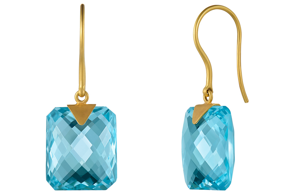 Fine Gold Blue Topaz Checker Cut Earrings
