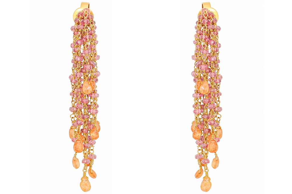 Fine Gold Orange Garnet & Pink Tourmaline Waterfall Earrings