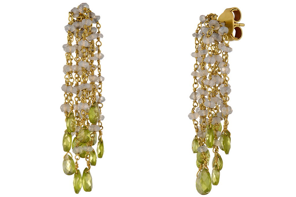 Fine Gold Peridot And Aquamarine Waterfall Earrings