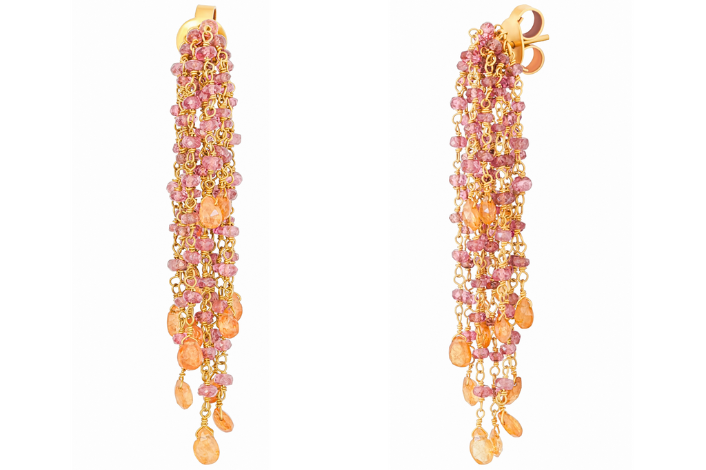 Fine Gold Orange Garnet & Pink Tourmaline Waterfall Earrings