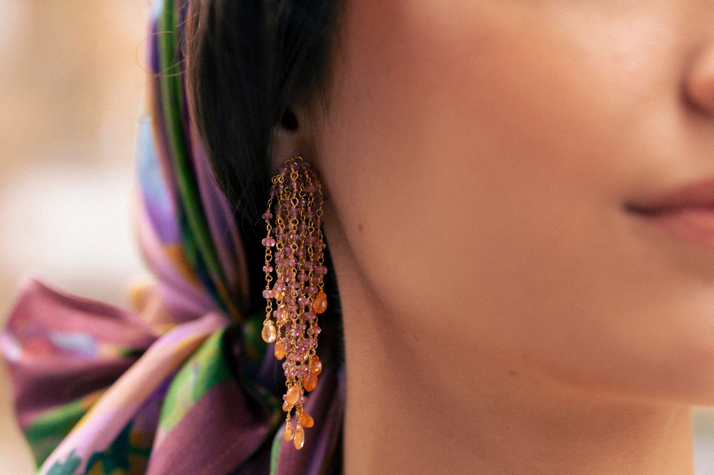 Orange Garnet & Pink Tourmaline Waterfall Fine Gold Earrings