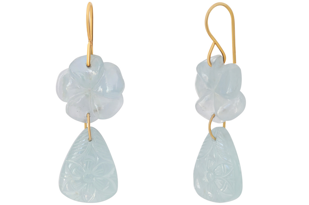 Aquamarine Carved Flower Double Drop Earrings