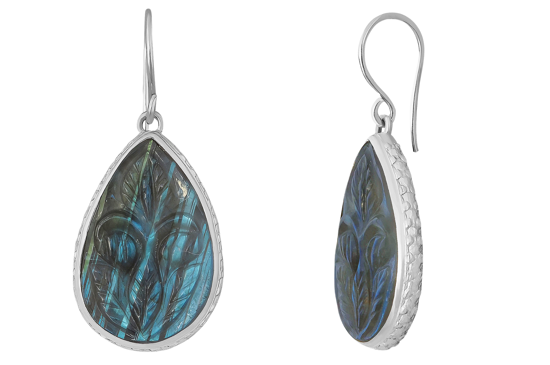 Carved Labradorite Silver Drop Earrings