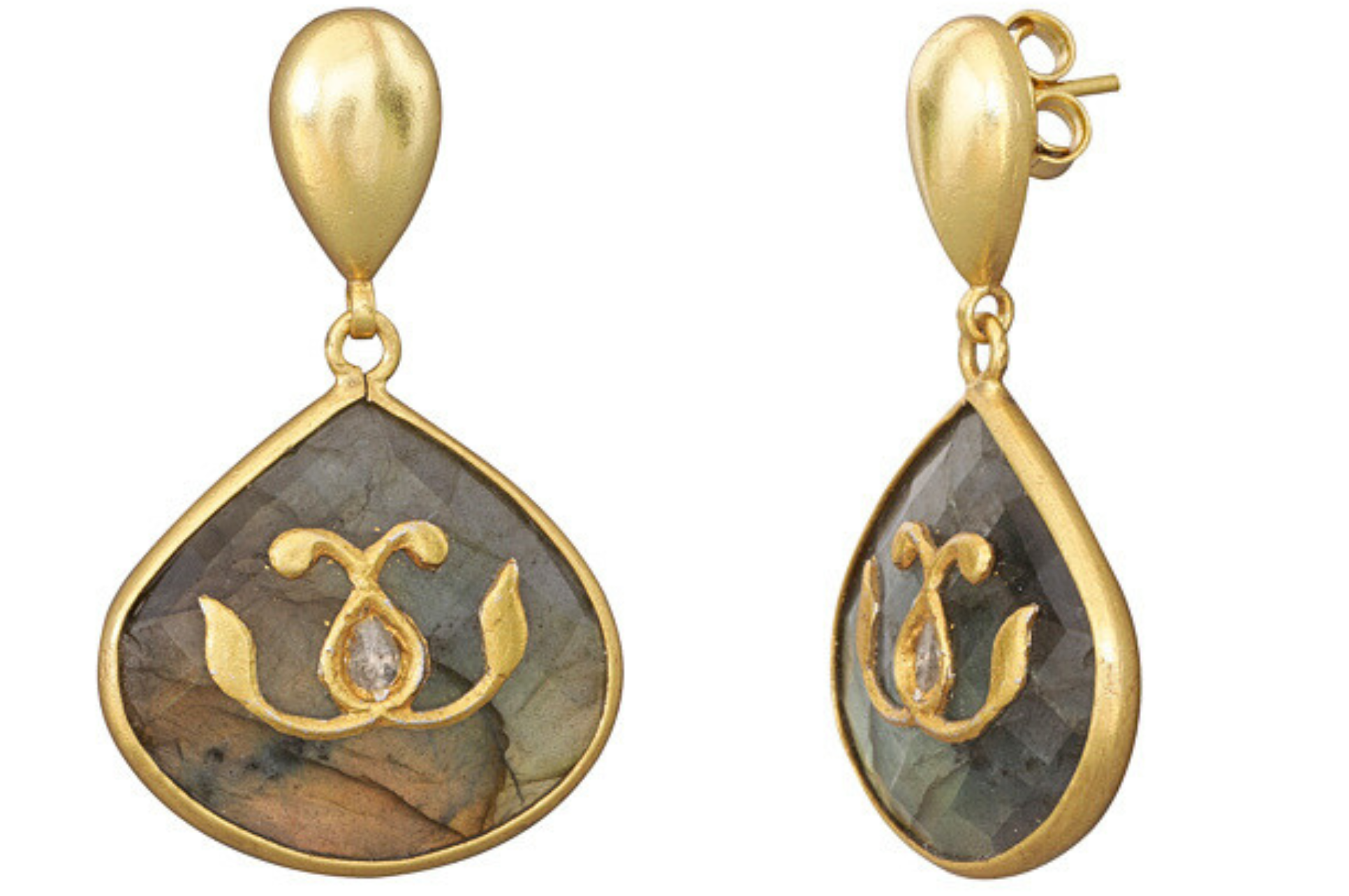 Labradorite & Diamond Betel Leaf Jadau Earrings