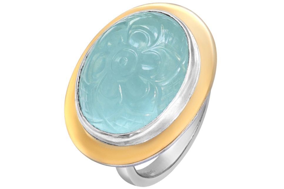 Silver & Fine Gold Carved Aquamarine Ring