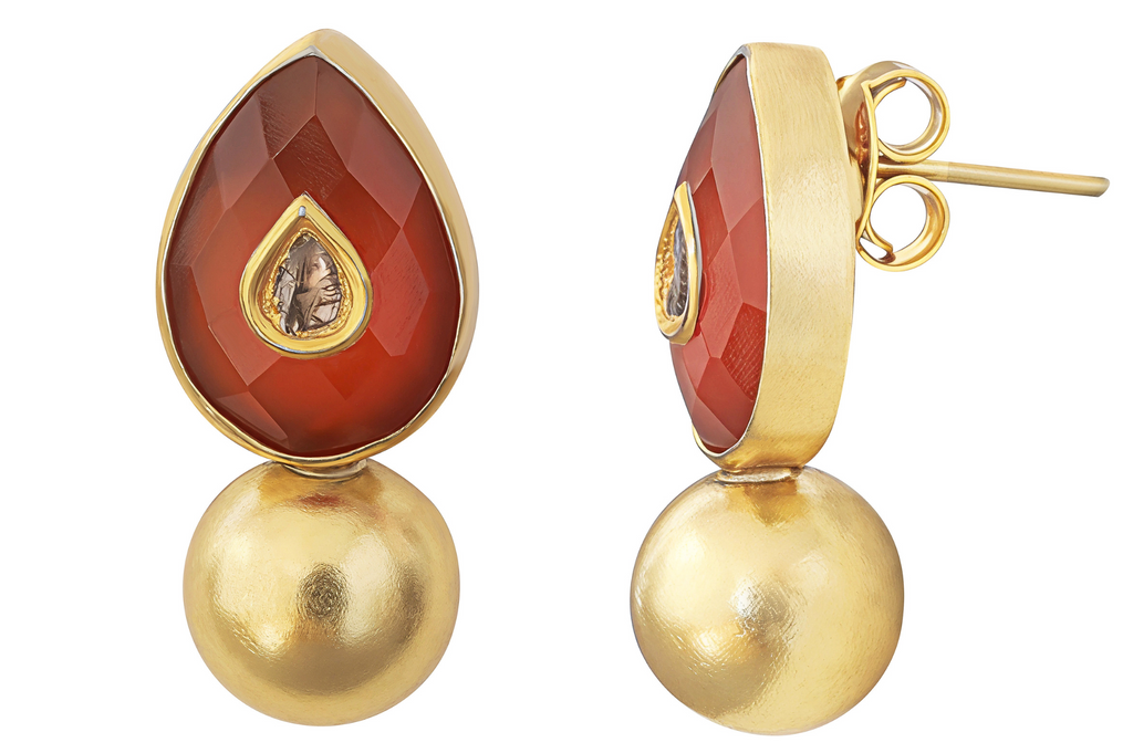 Carnelian & Diamond Jadau Work Golden Ball Earrings