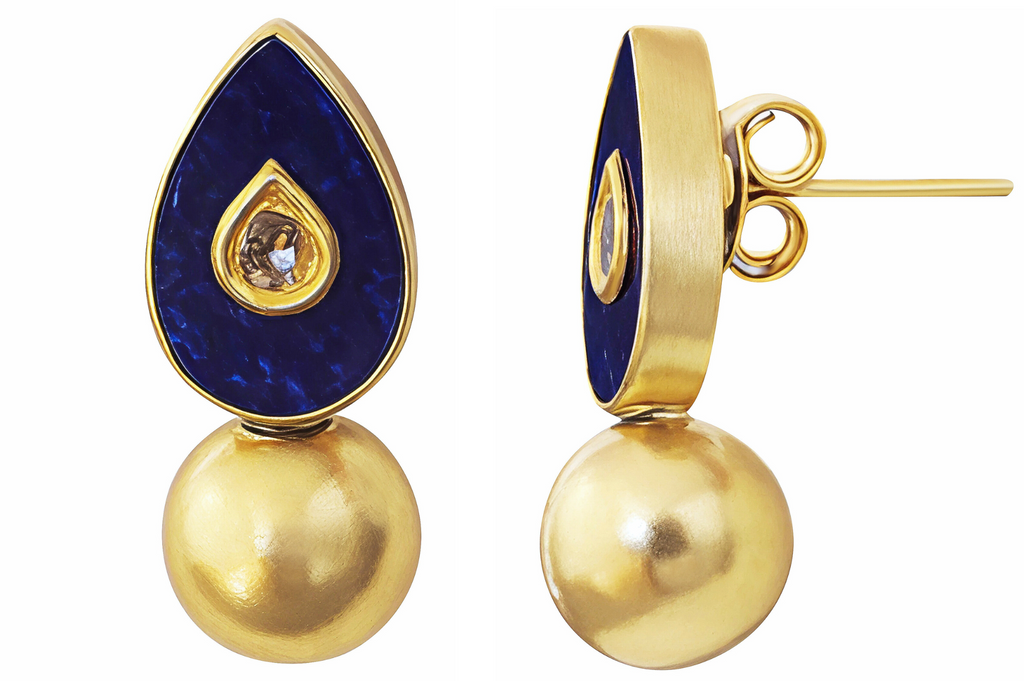 Lapis & Diamond Jadau Work Golden Ball Earrings