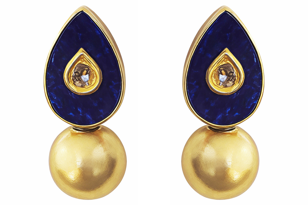 Lapis & Diamond Jadau Work Golden Ball Earrings