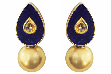 Lapis & Diamond Jadau Work Golden Ball Earrings