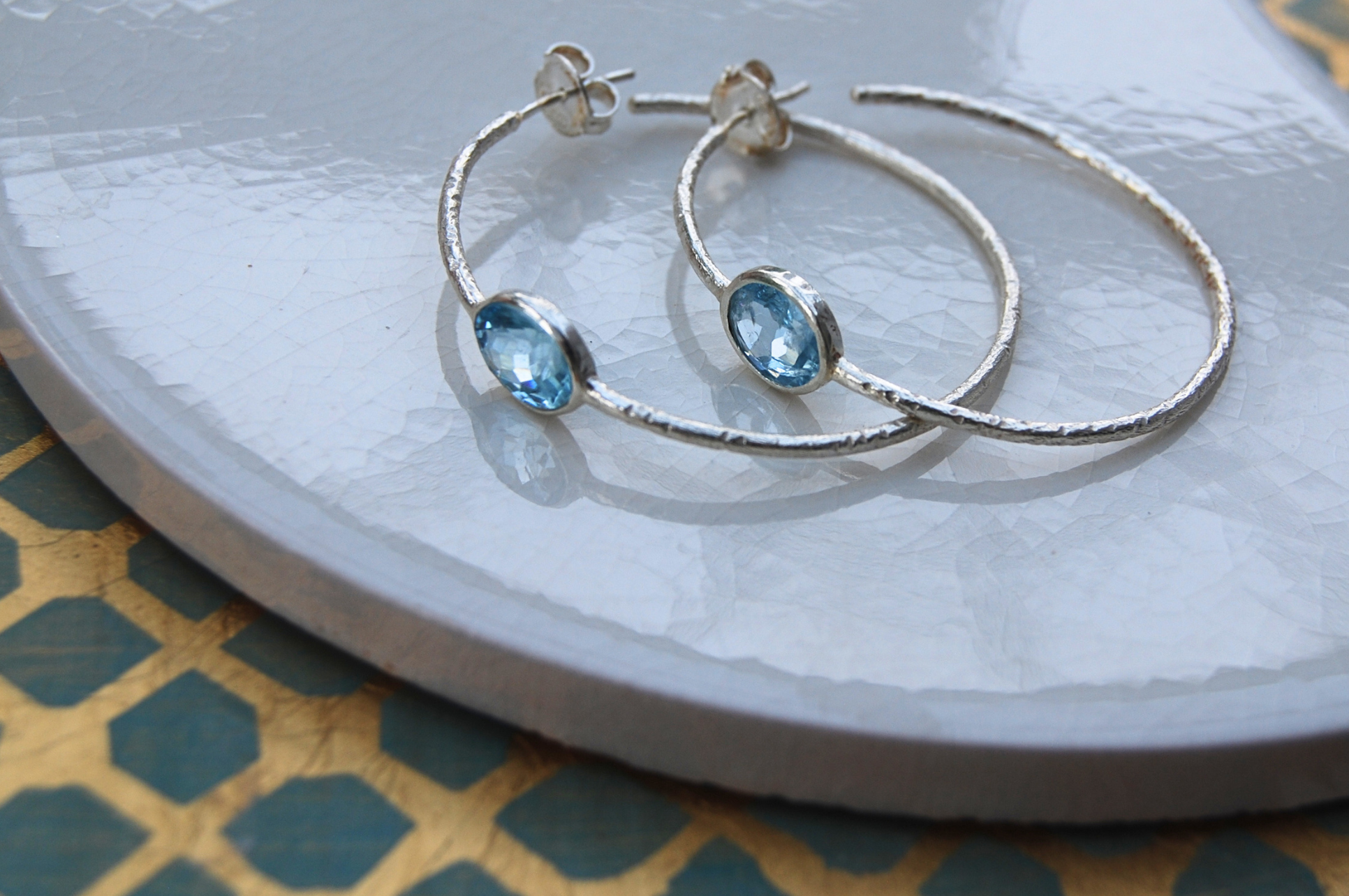 Silver & Blue Topaz Set Hoop Earrings